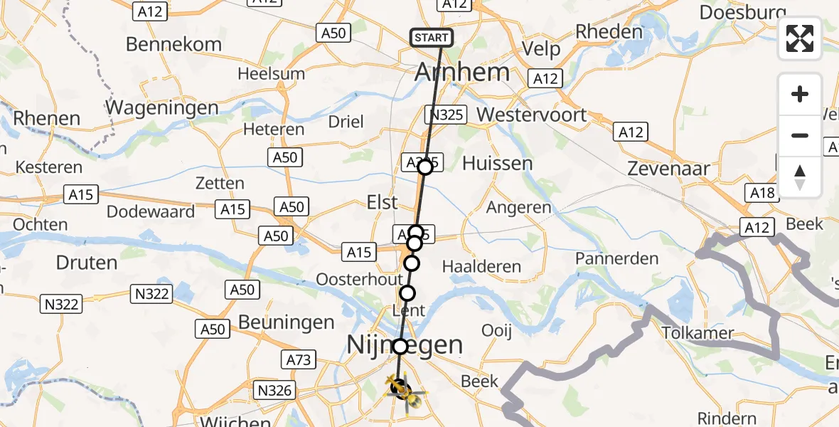 Vluchtroute Traumahelikopter Arnhem - Radboud University Medical Center Heliport, 12 augustus 2026, 04:13