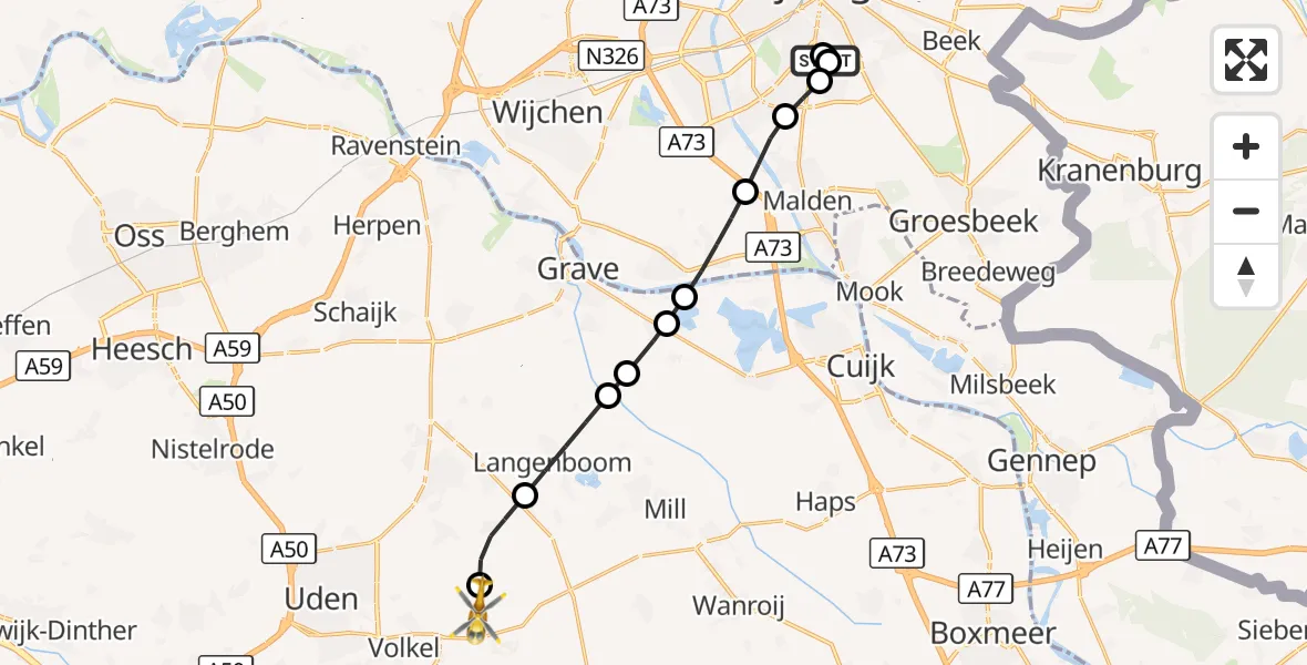Vluchtroute Traumahelikopter Radboud Universitair Medisch Centrum - Vliegbasis Volkel, 12 augustus 2026, 04:29