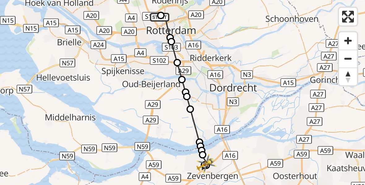 Vluchtroute Traumahelikopter Rotterdam The Hague Airport - Moerdijk, 12 augustus 2026, 08:40