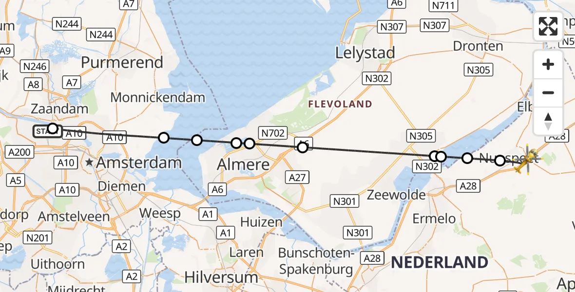 Vluchtroute Traumahelikopter Amsterdam Heliport - Nunspeet, 12 augustus 2026, 10:05