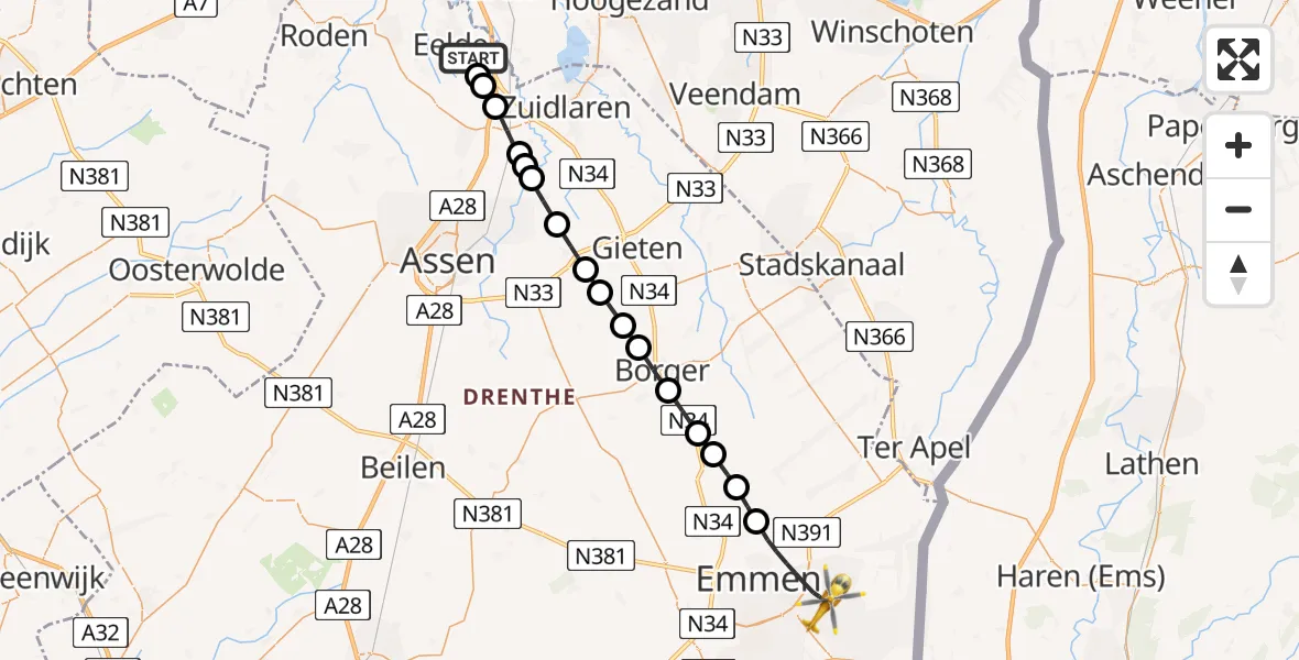 Vluchtroute Traumahelikopter Groningen Airport Eelde - Emmen, 12 augustus 2026, 10:50
