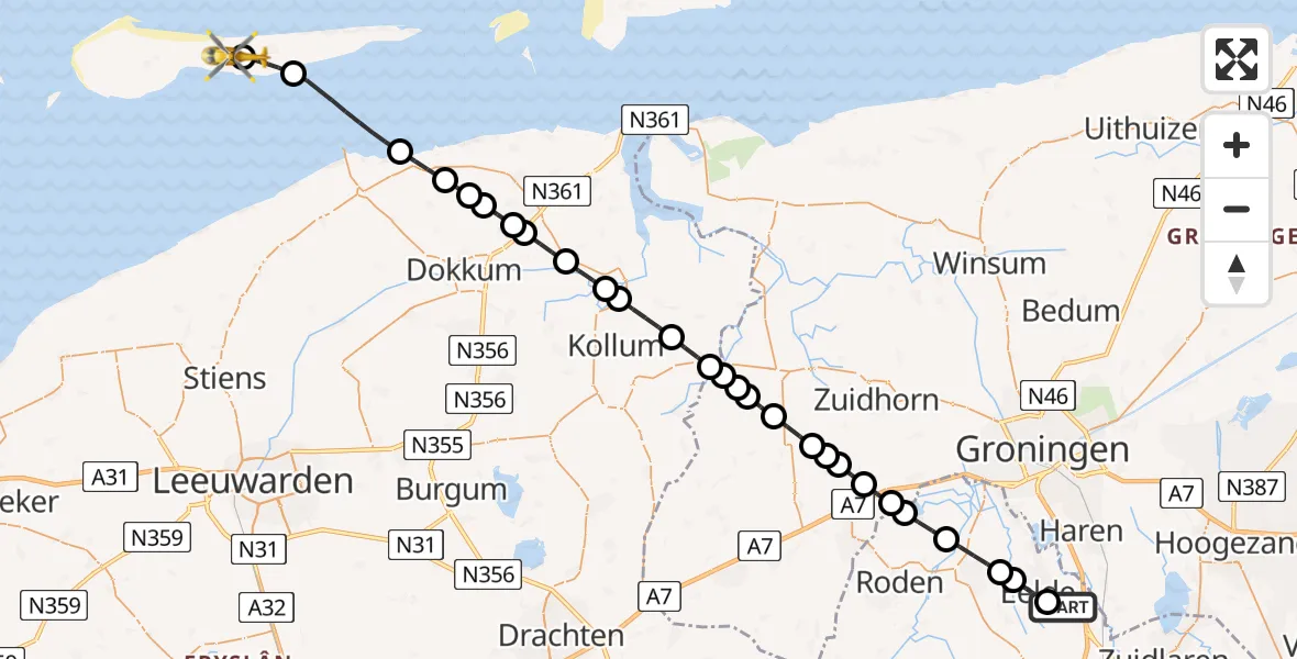 Vluchtroute Traumahelikopter Groningen Airport Eelde - Nes, 12 augustus 2026, 14:41