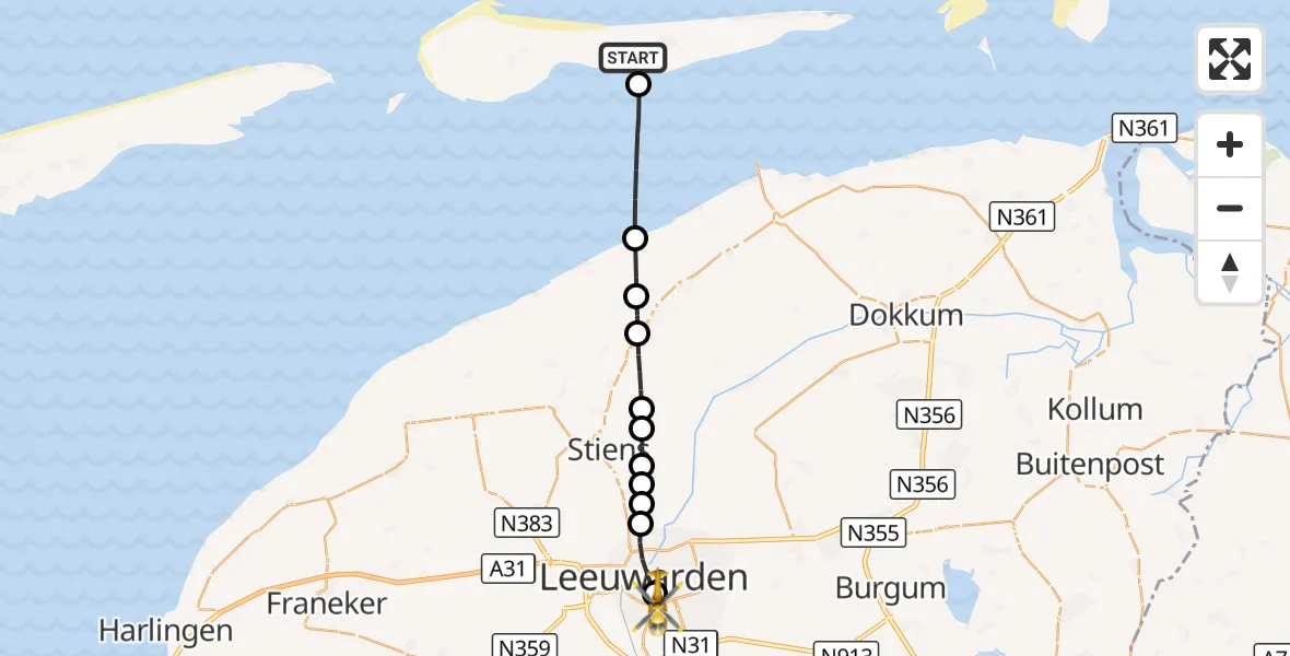 Vluchtroute Traumahelikopter Nes - Leeuwarden Medical Center Heliport, 12 augustus 2026, 15:36