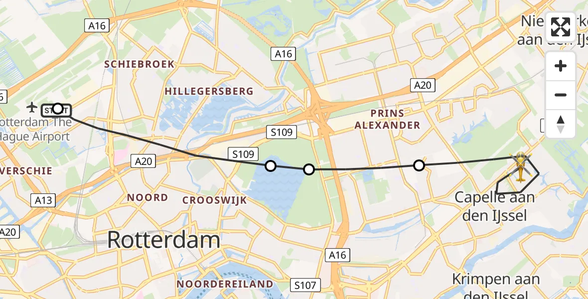 Vluchtroute Traumahelikopter Rotterdam The Hague Airport - Capelle aan den IJssel, 12 augustus 2026, 16:32
