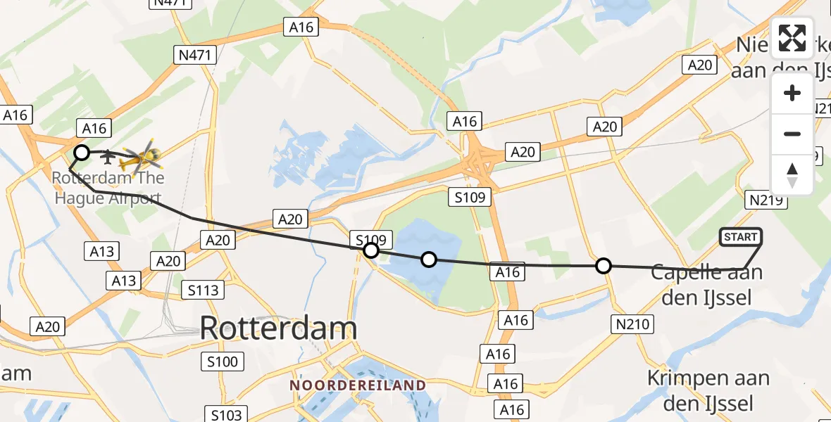 Vluchtroute Traumahelikopter Capelle aan den IJssel - Rotterdam The Hague Airport, 12 augustus 2026, 17:09