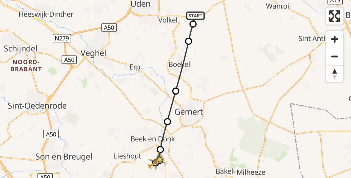 Vluchtroute Traumahelikopter Vliegbasis Volkel - Aarle-Rixtel, 12 augustus 2026, 17:30