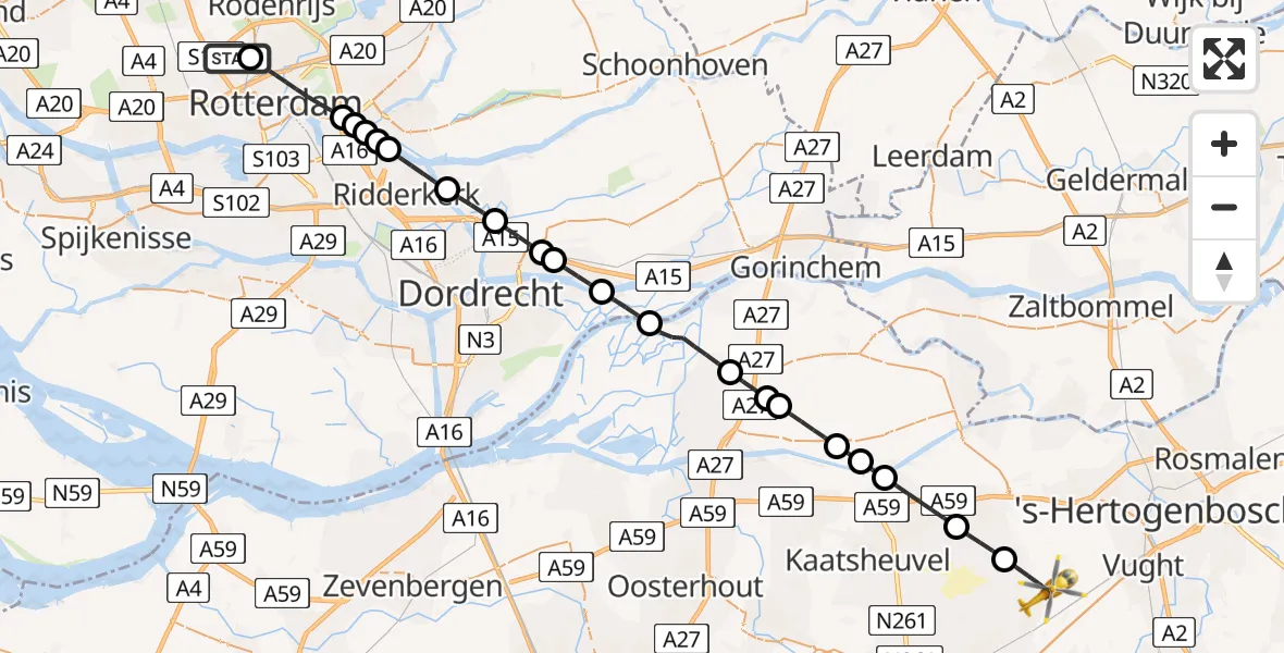 Vluchtroute Traumahelikopter Rotterdam The Hague Airport - Helvoirt, 12 augustus 2026, 17:57