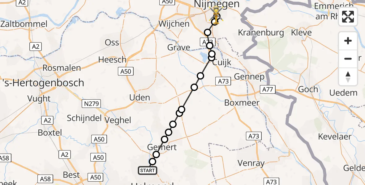 Vluchtroute Traumahelikopter Aarle-Rixtel - Radboud University Medical Center Heliport, 12 augustus 2026, 18:13