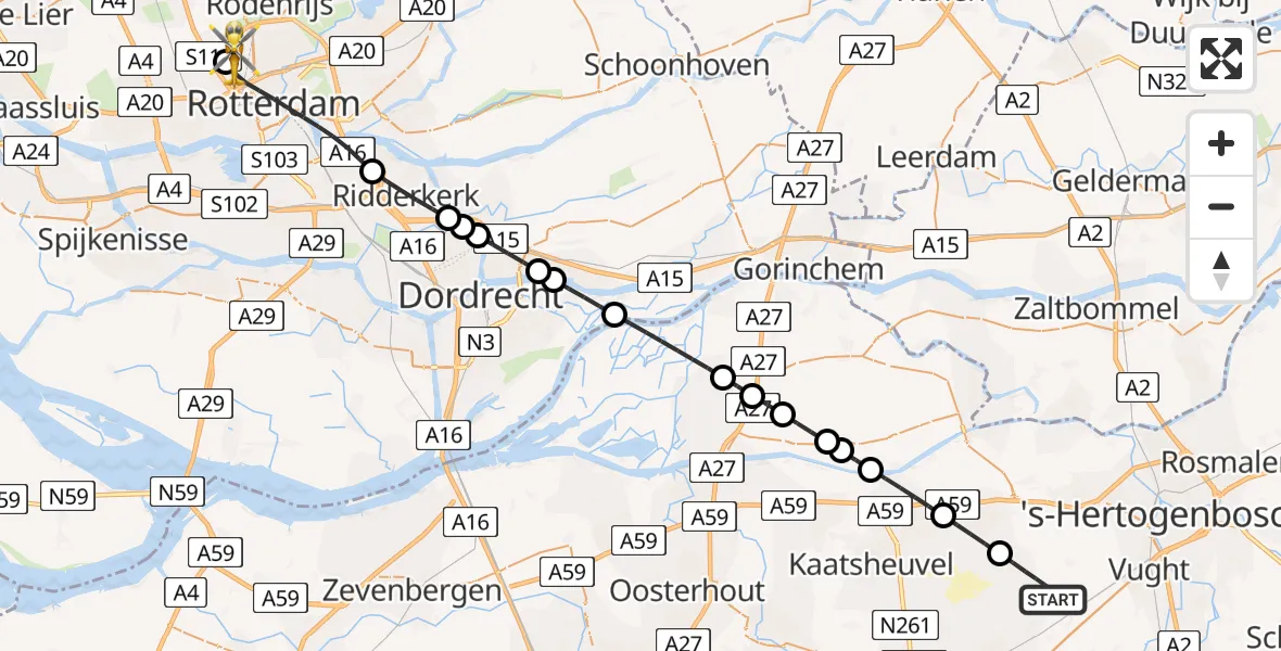Vluchtroute Traumahelikopter Helvoirt - Rotterdam The Hague Airport, 12 augustus 2026, 18:39
