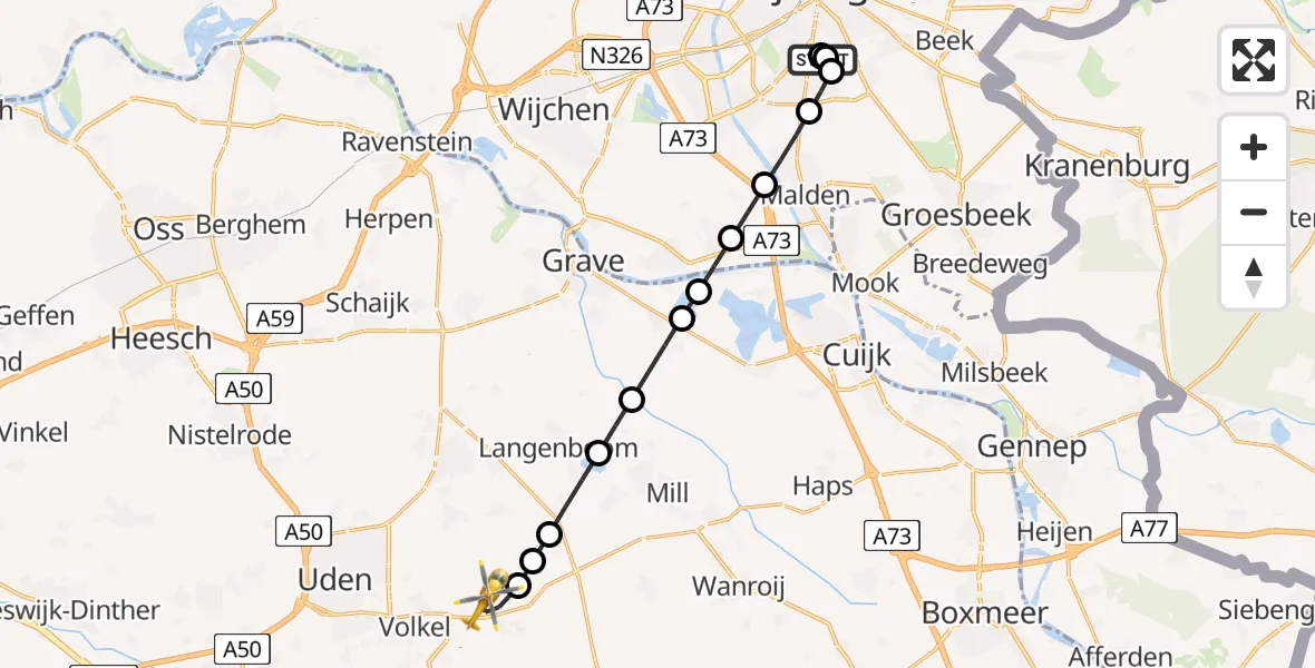 Vluchtroute Traumahelikopter Radboud Universitair Medisch Centrum - Vliegbasis Volkel, 12 augustus 2026, 19:20