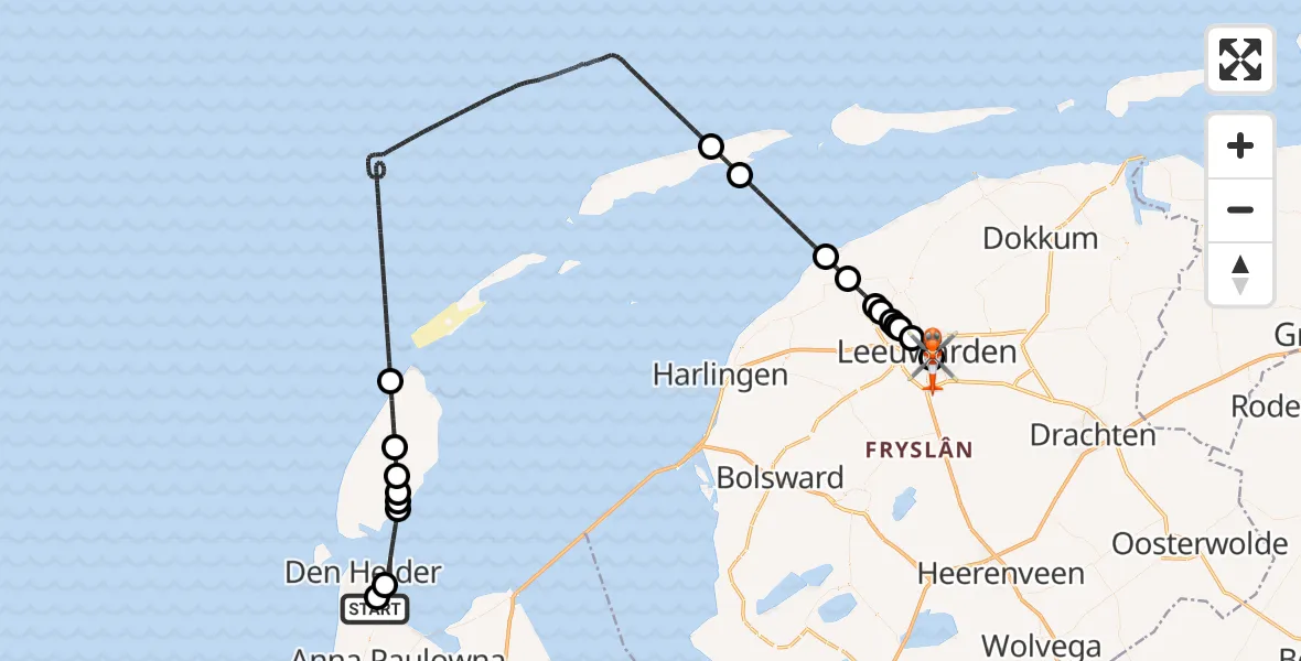 Vluchtroute Kustwachthelikopter Militair vliegveld De Kooy / Den Helder Airport - Leeuwarden Medical Center Heliport, 12 augustus 2026, 19:24
