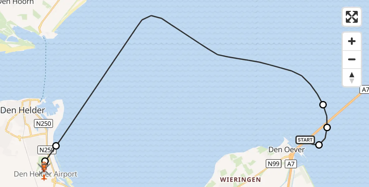 Vluchtroute Kustwachthelikopter Den Oever - Militair vliegveld De Kooy / Den Helder Airport, 12 augustus 2026, 21:25