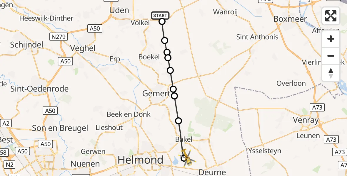 Vluchtroute Traumahelikopter Vliegbasis Volkel - Deurne, 13 augustus 2026, 00:39