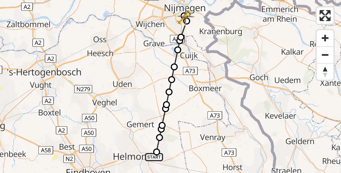 Vluchtroute Traumahelikopter Deurne - Radboud University Medical Center Heliport, 13 augustus 2026, 01:14
