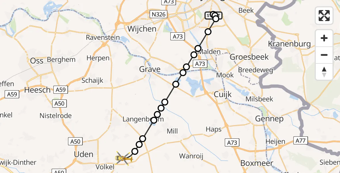 Vluchtroute Traumahelikopter Radboud Universitair Medisch Centrum - Vliegbasis Volkel, 13 augustus 2026, 01:56