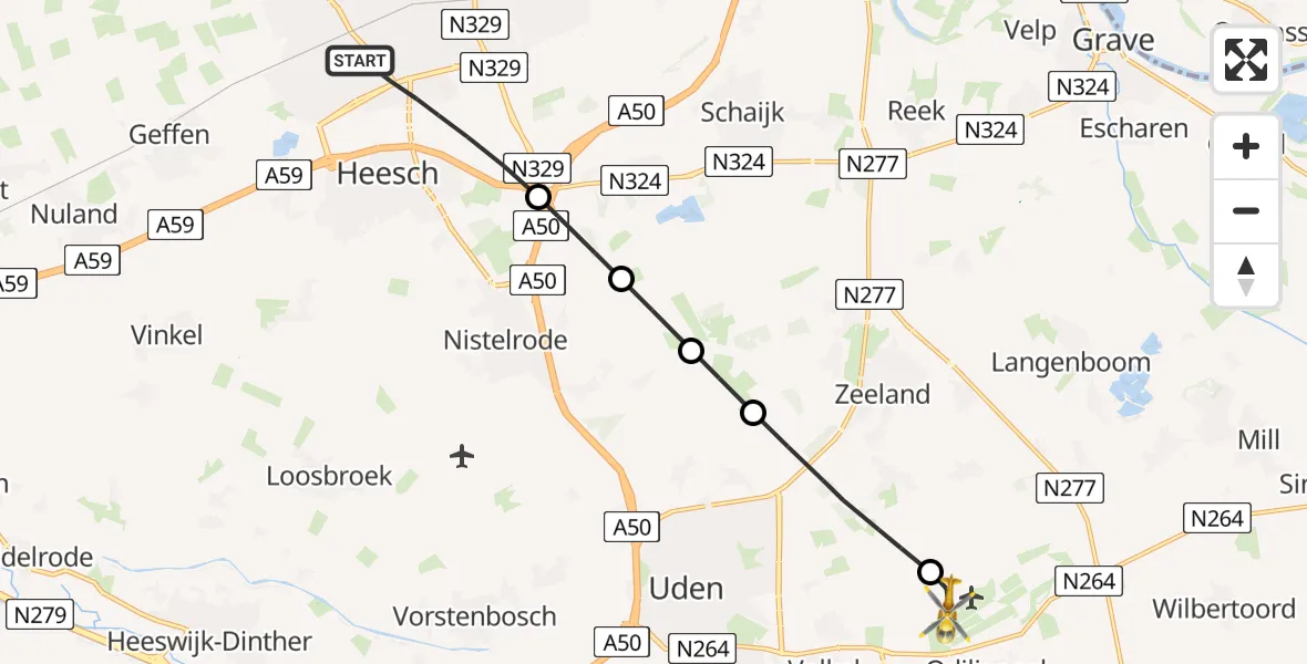 Vluchtroute Traumahelikopter Oss - Vliegbasis Volkel, 13 augustus 2026, 04:51