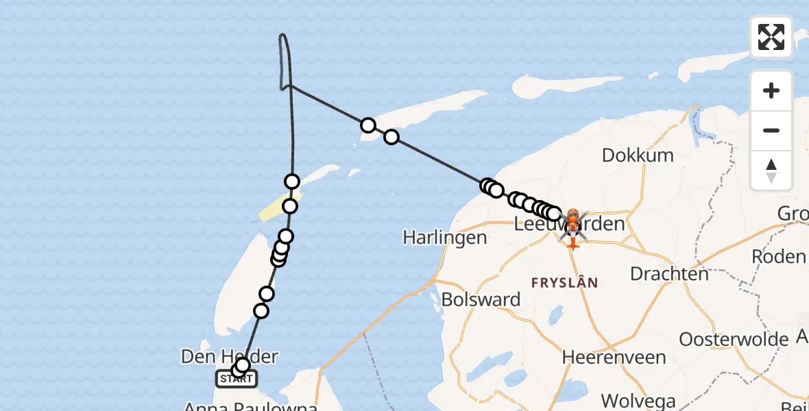Vluchtroute Kustwachthelikopter Militair vliegveld De Kooy / Den Helder Airport - Leeuwarden Medical Center Heliport, 13 augustus 2026, 05:48