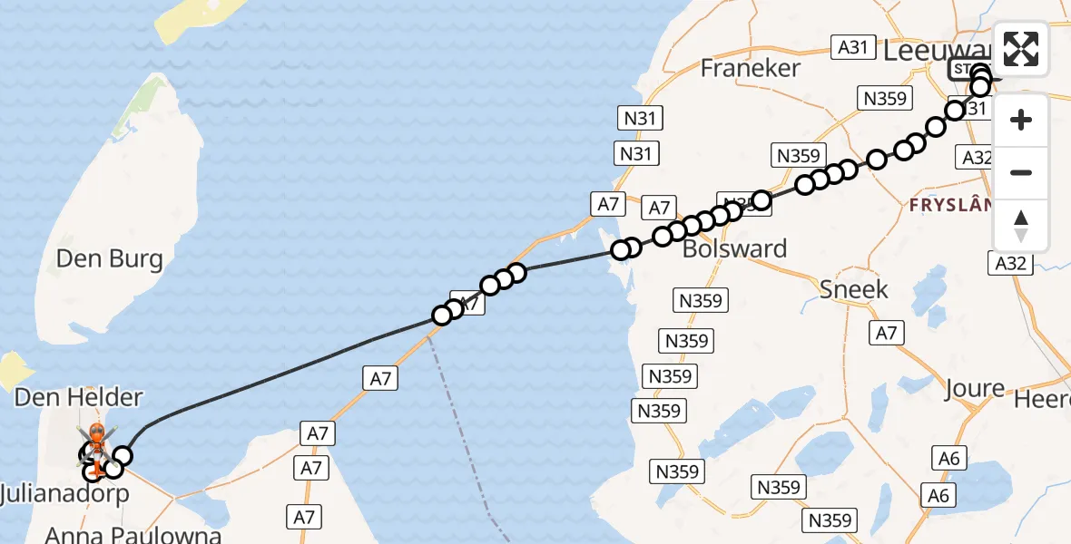 Vluchtroute Kustwachthelikopter Leeuwarden Medical Center Heliport - Militair vliegveld De Kooy / Den Helder Airport, 13 augustus 2026, 07:32