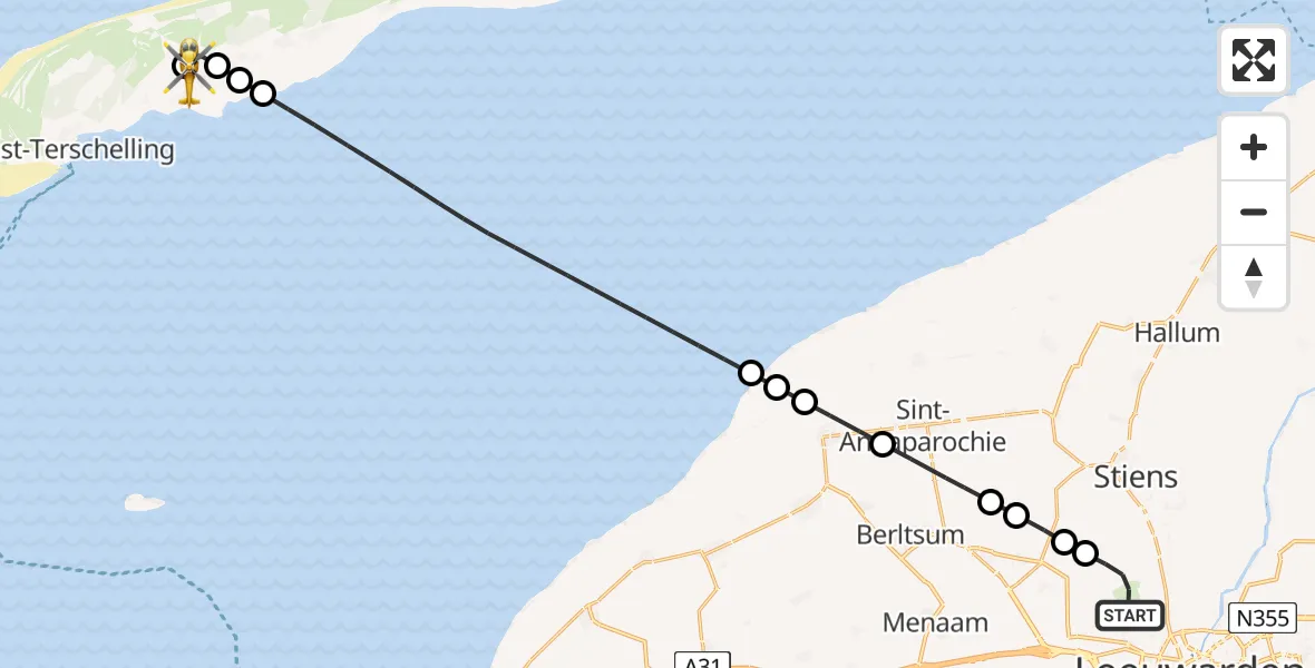 Vluchtroute Ambulancehelikopter Vliegbasis Leeuwarden - Terschelling Heliport, 13 augustus 2026, 07:47