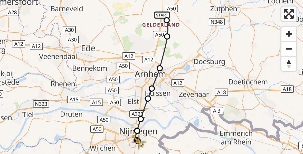 Vluchtroute Traumahelikopter Beekbergen - Radboud University Medical Center Heliport, 13 augustus 2026, 09:25