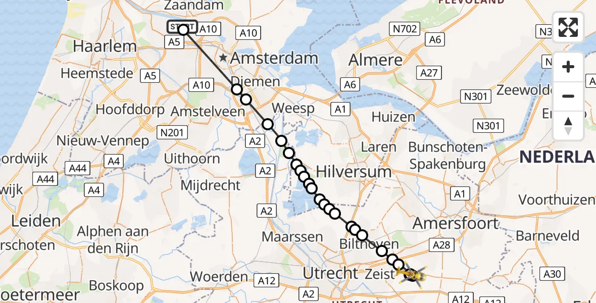 Vluchtroute Traumahelikopter Amsterdam Heliport - Austerlitz, 13 augustus 2026, 10:47