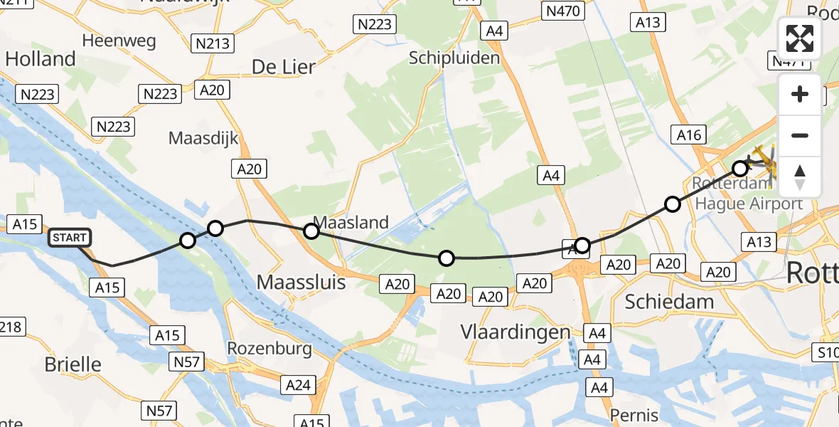 Vluchtroute Traumahelikopter Europoort Rotterdam - Rotterdam The Hague Airport, 13 augustus 2026, 11:26