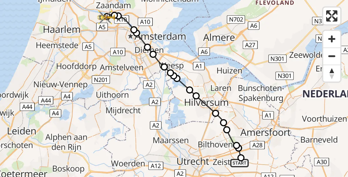 Vluchtroute Traumahelikopter Austerlitz - Amsterdam Heliport, 13 augustus 2026, 11:27