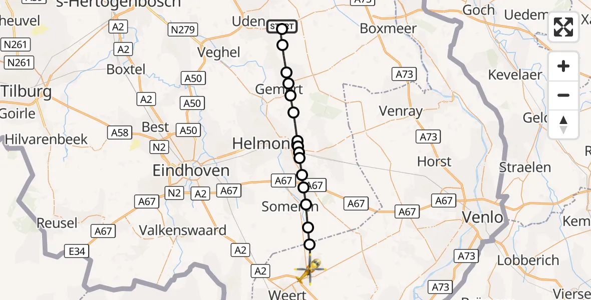 Vluchtroute Traumahelikopter Vliegbasis Volkel - Nederweert, 13 augustus 2026, 12:20