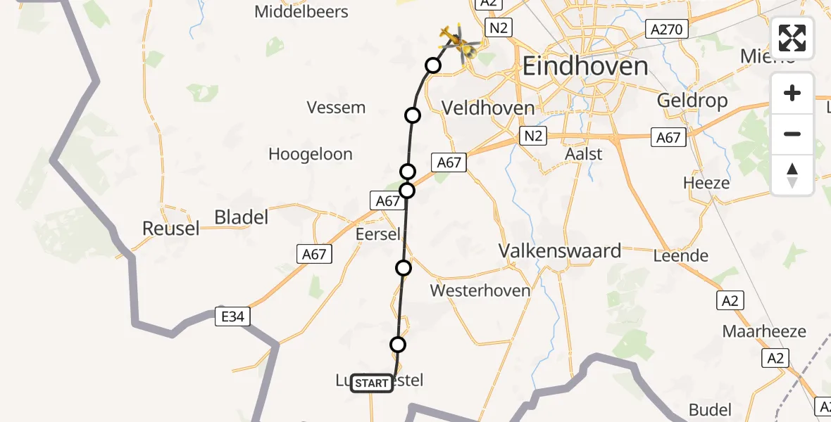 Vluchtroute Traumahelikopter Luyksgestel - Eindhoven Airport, 13 augustus 2026, 14:00
