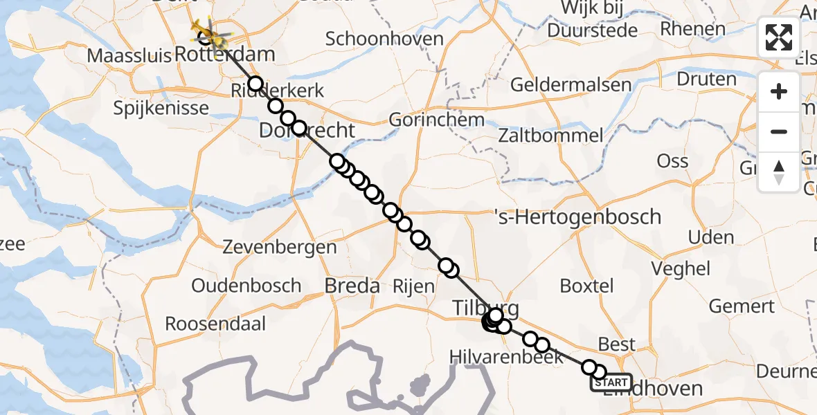 Vluchtroute Traumahelikopter Eindhoven Airport - Rotterdam The Hague Airport, 13 augustus 2026, 14:36