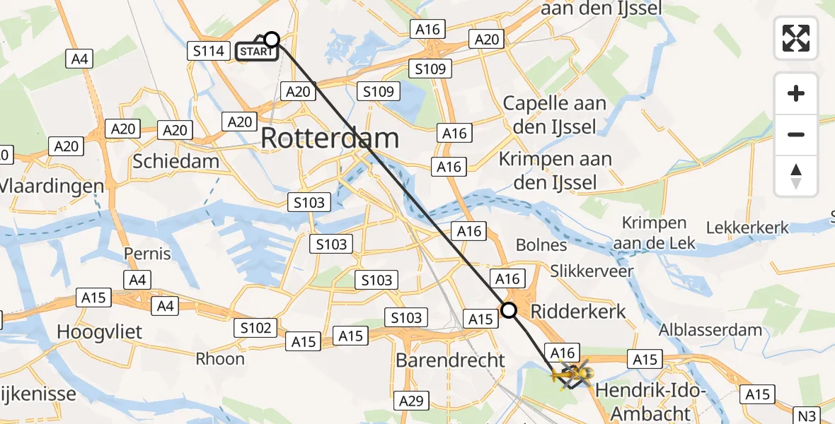 Vluchtroute Traumahelikopter Rotterdam The Hague Airport - Ridderkerk, 13 augustus 2026, 16:03