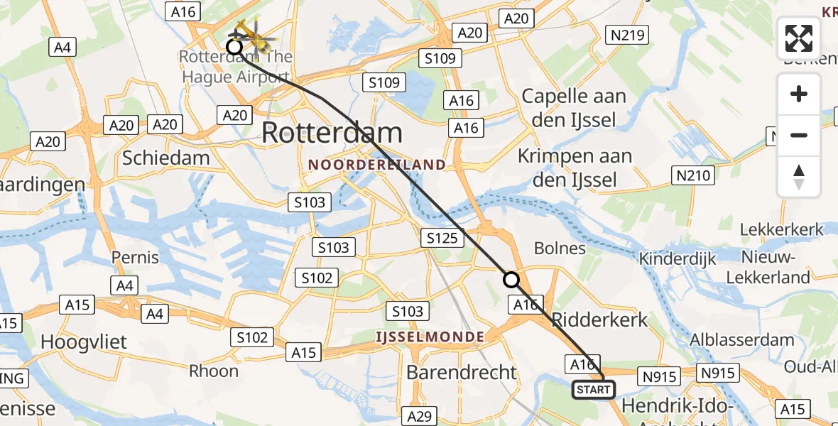 Vluchtroute Traumahelikopter Ridderkerk - Rotterdam The Hague Airport, 13 augustus 2026, 16:24
