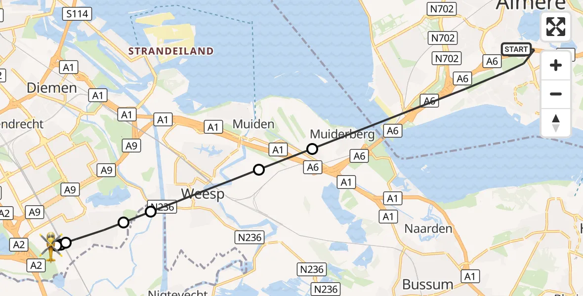 Vluchtroute Traumahelikopter Almere - Amsterdam UMC Helipad, 13 augustus 2026, 18:11