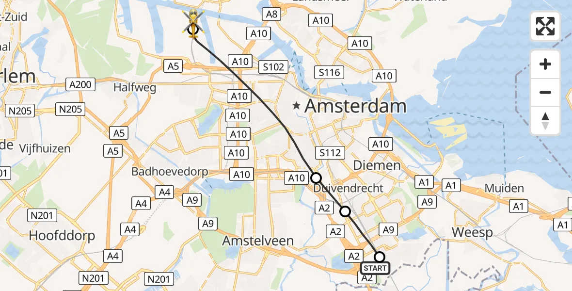 Vluchtroute Traumahelikopter Amsterdam UMC Helipad - Amsterdam Heliport, 13 augustus 2026, 18:31