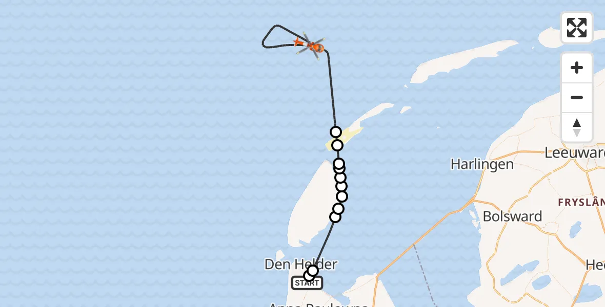 Vluchtroute Kustwachthelikopter Militair vliegveld De Kooy / Den Helder Airport - Noordzee, 13 augustus 2026, 19:20