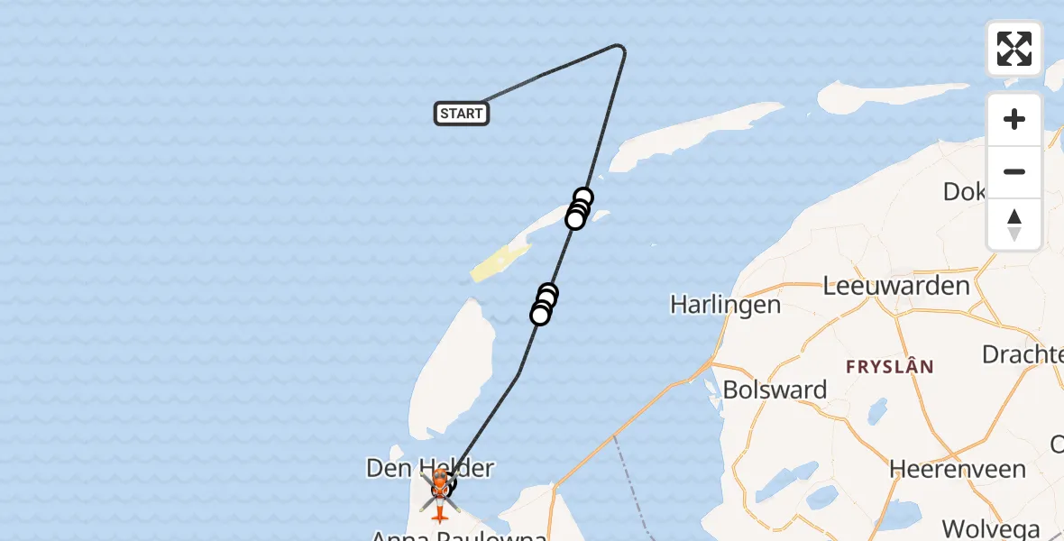 Vluchtroute Kustwachthelikopter Noordzee - Militair vliegveld De Kooy / Den Helder Airport, 13 augustus 2026, 19:53