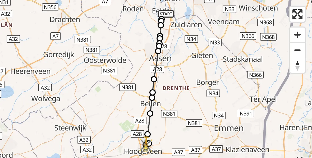 Vluchtroute Traumahelikopter Groningen Airport Eelde - Stuifzand, 13 augustus 2026, 21:34