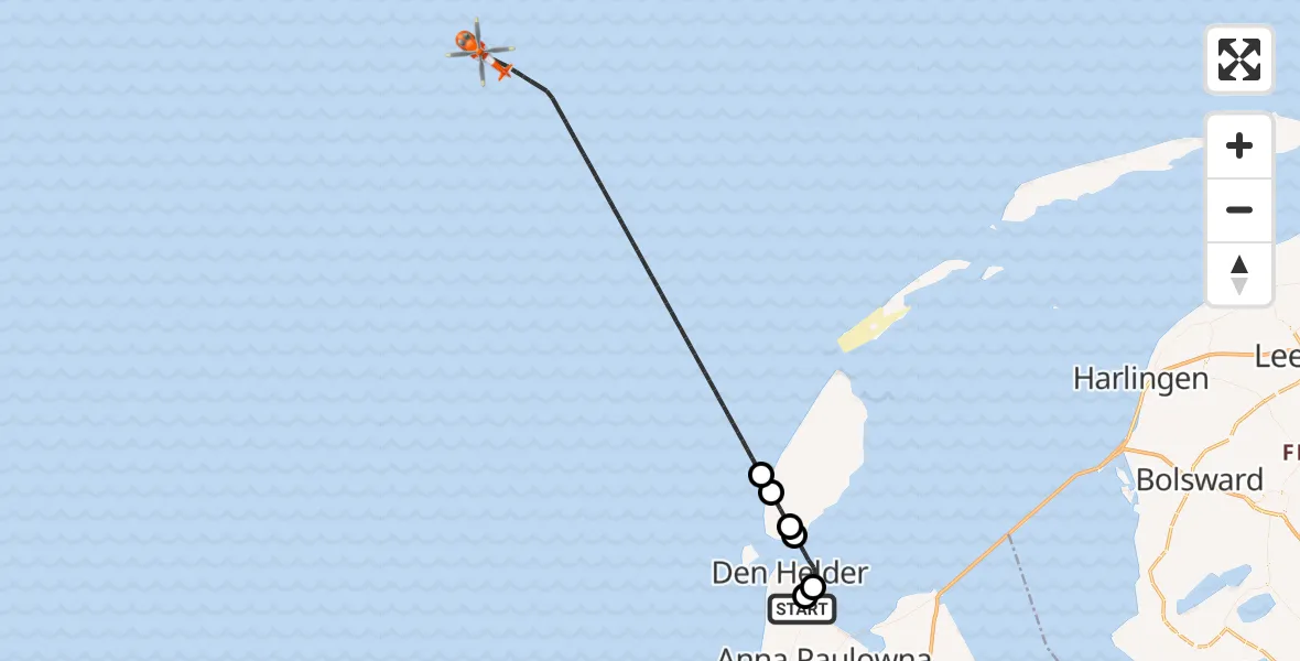 Vluchtroute Kustwachthelikopter Militair vliegveld De Kooy / Den Helder Airport - Noordzee, 13 augustus 2026, 21:48