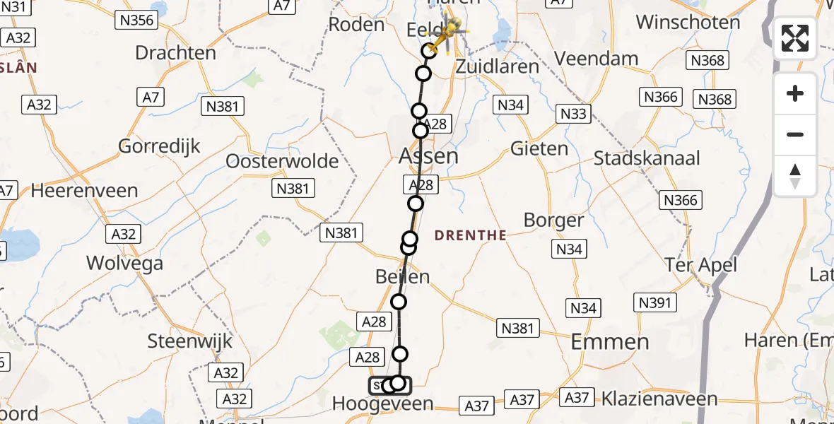 Vluchtroute Traumahelikopter Stuifzand - Groningen Airport Eelde, 13 augustus 2026, 22:25