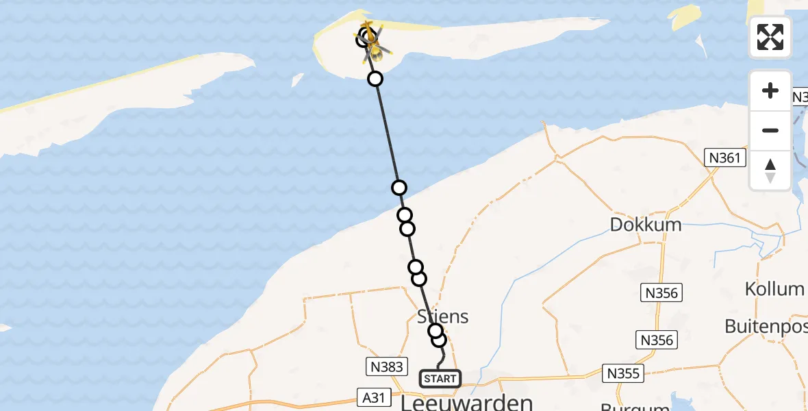 Vluchtroute Ambulancehelikopter Vliegbasis Leeuwarden - Ameland Vliegveld Ballum, 13 augustus 2026, 22:26