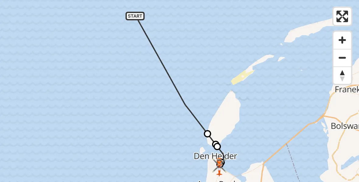 Vluchtroute Kustwachthelikopter Noordzee - Militair vliegveld De Kooy / Den Helder Airport, 13 augustus 2026, 22:57