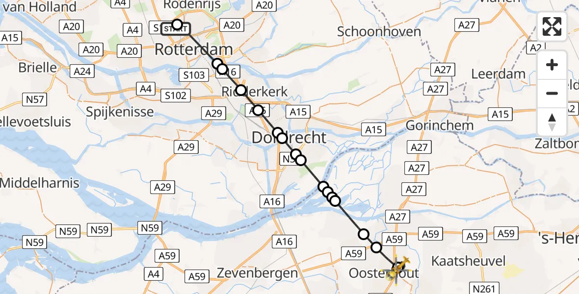 Vluchtroute Traumahelikopter Rotterdam The Hague Airport - Oosteind, 14 augustus 2026, 00:04