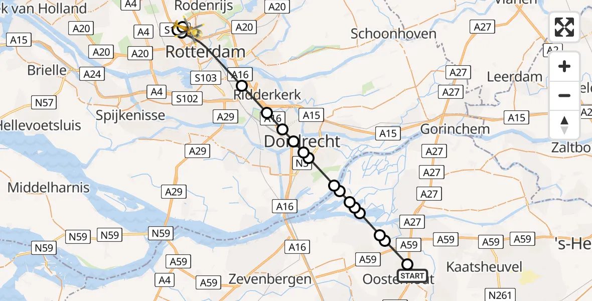 Vluchtroute Traumahelikopter Oosteind - Rotterdam The Hague Airport, 14 augustus 2026, 00:34