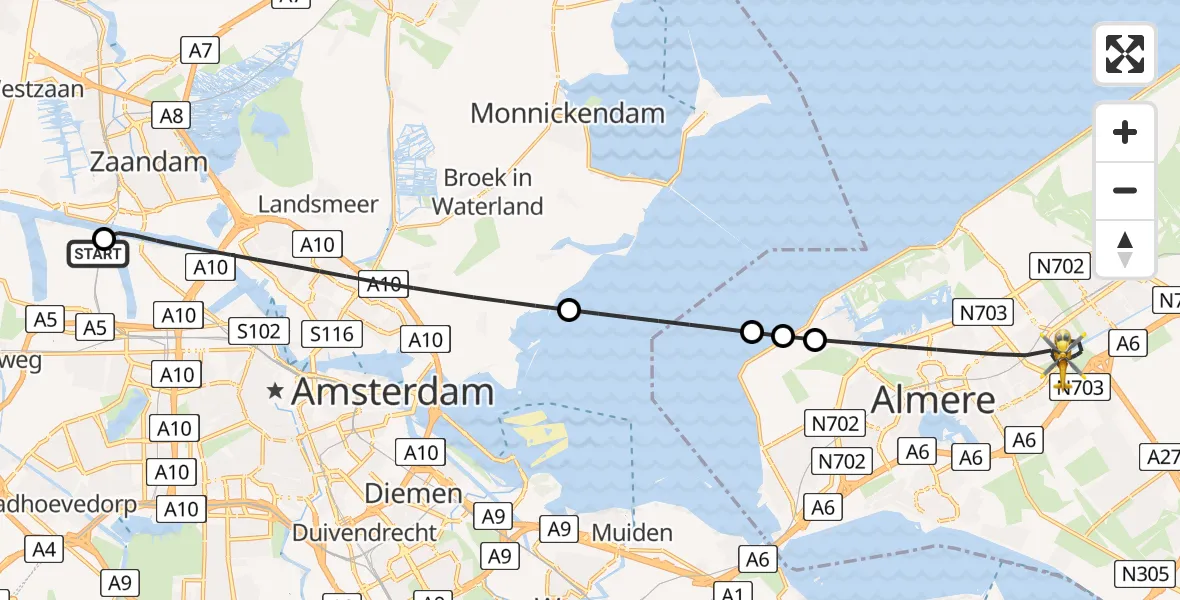 Vluchtroute Traumahelikopter Amsterdam Heliport - Almere, 14 augustus 2026, 01:55