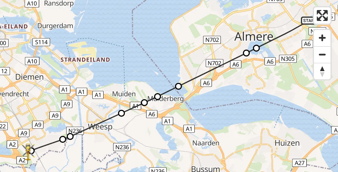 Vluchtroute Traumahelikopter Almere - Amsterdam UMC Helipad, 14 augustus 2026, 02:32