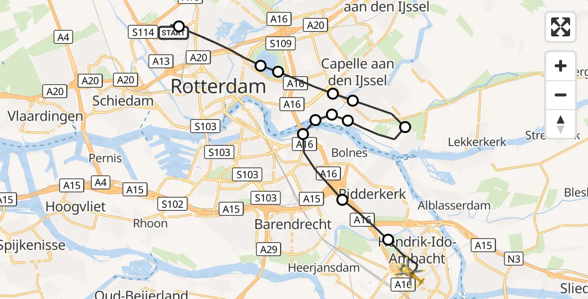 Vluchtroute Traumahelikopter Rotterdam The Hague Airport - Hendrik-Ido-Ambacht, 14 augustus 2026, 07:38