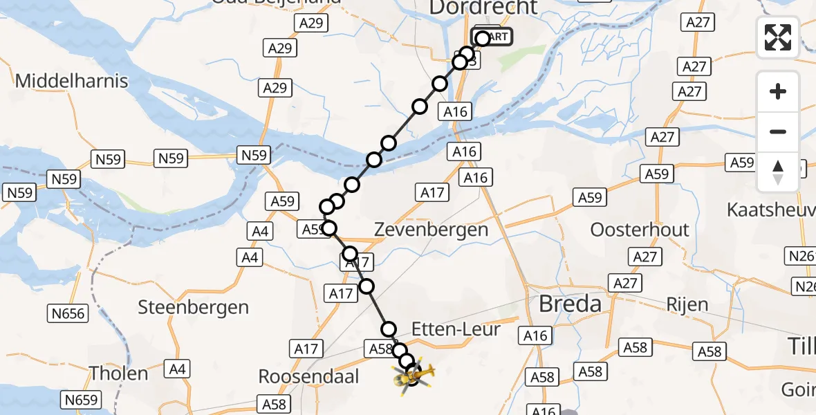 Vluchtroute Traumahelikopter Albert Schweitzer Hospital Dordrecht Heliport - Sprundel, 14 augustus 2026, 08:31