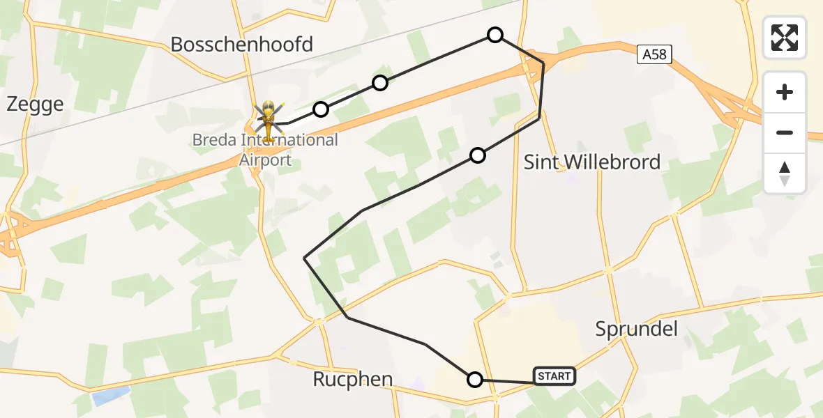 Vluchtroute Traumahelikopter Sprundel - Breda International Airport, 14 augustus 2026, 09:01