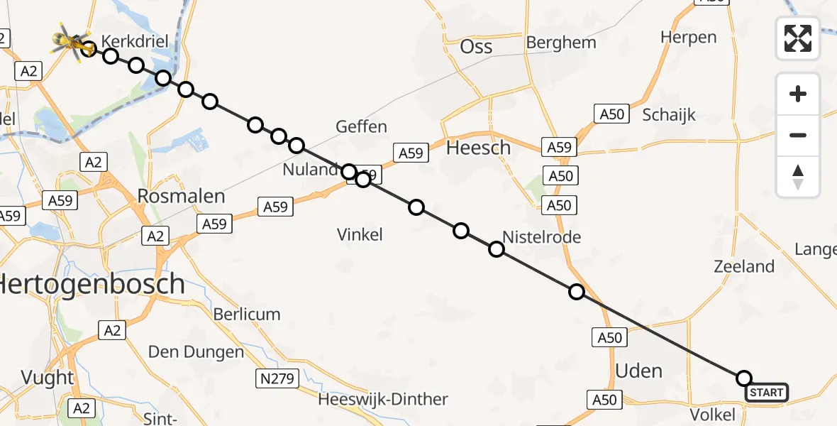 Vluchtroute Traumahelikopter Vliegbasis Volkel - Velddriel, 14 augustus 2026, 15:56