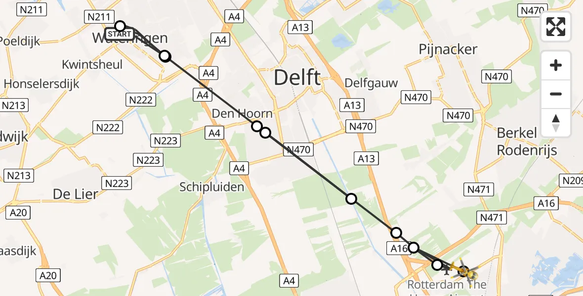 Vluchtroute Traumahelikopter Wateringen - Rotterdam The Hague Airport, 14 augustus 2026, 16:41